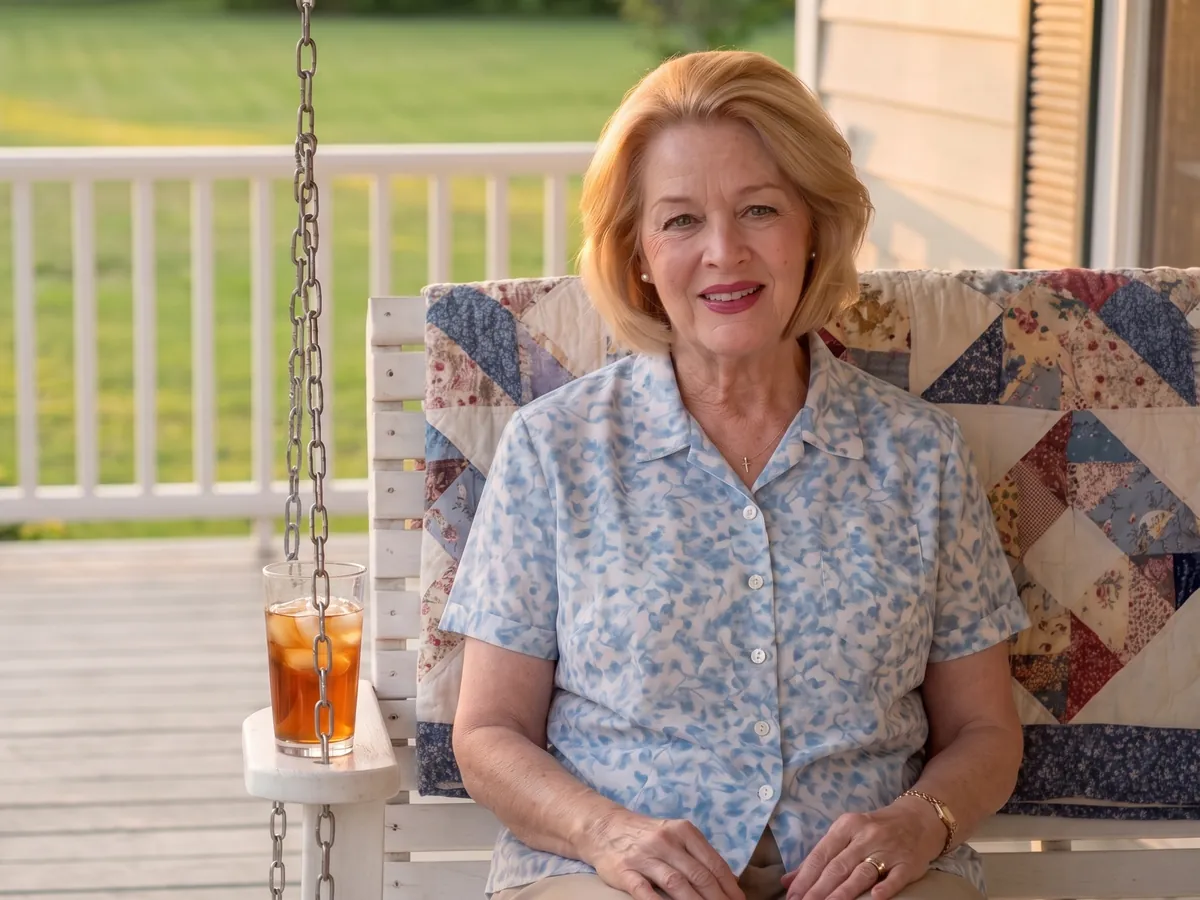 Loretta, an AI character, sits on a porch swing reading a handwritten letter, with a glass of iced tea beside her.